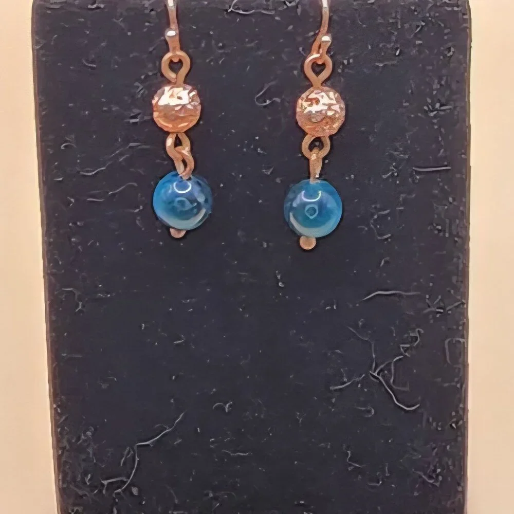 Blue Green Tigers Eye and Copper Electroplated Lava Rock Drop Earrings